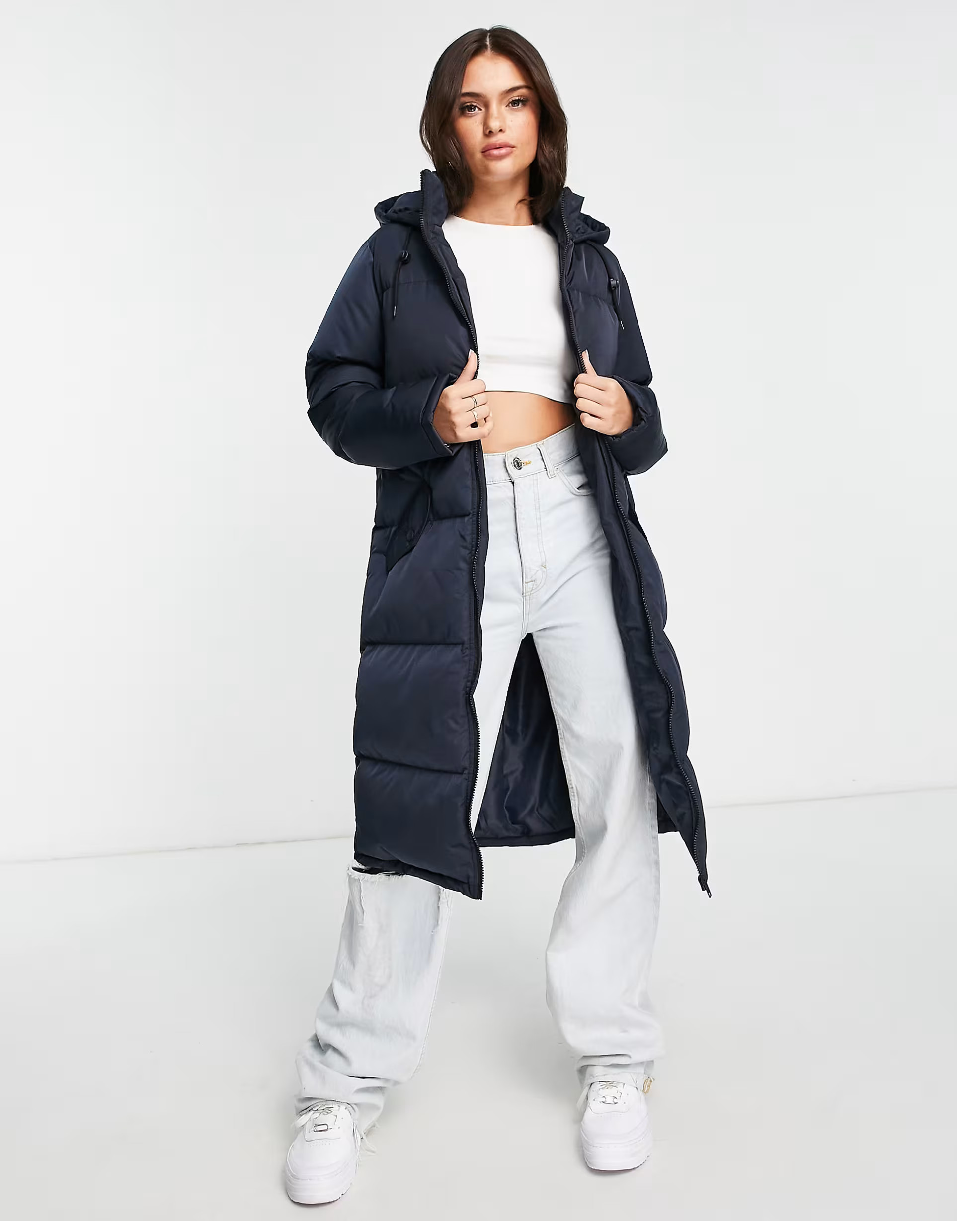 Brave Soul cello maxi longline puffer coat in navy | ASOS (Global)