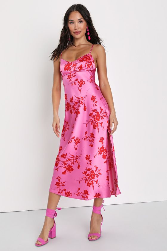 Glamorous Efforts Hot Pink Floral Print Tie-Back Midi Dress | Lulus (US)