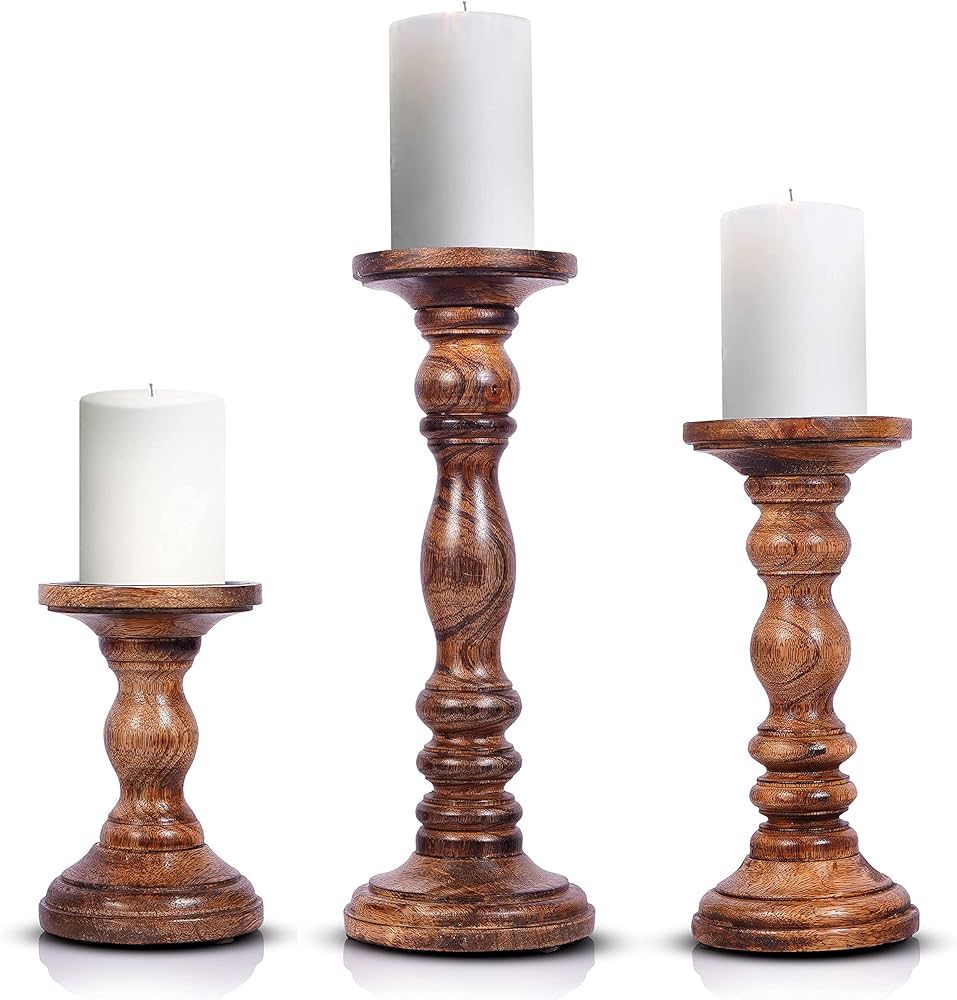 Rustic Wood Pillar Candle Holders- Hand Carved Mango Wood Candle Holders for Pillar Candles in Ho... | Amazon (US)