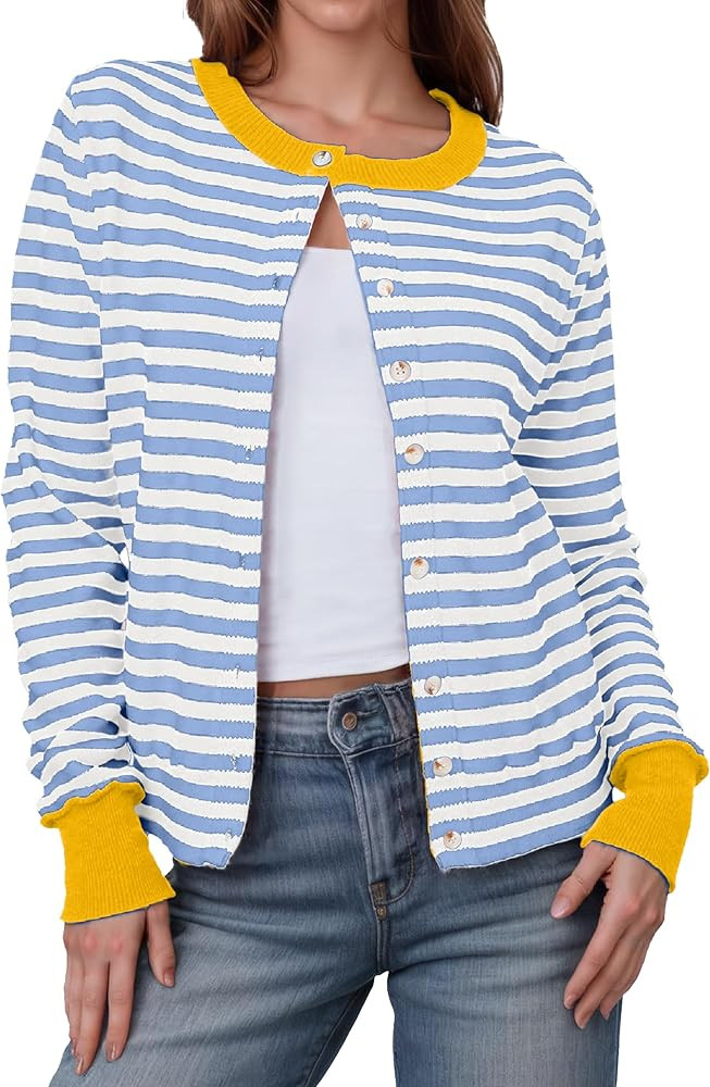 Glamaker Women's Striped Fall Cardigan Sweater Cropped Button Down Knit Long Sleeve Crewneck Fash... | Amazon (US)