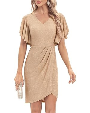 Meetjen Women's V Neck Ruched Cocktail Party Dress 2024 Elegant Bodycon Ruffle Sleeve Glitter She... | Amazon (US)