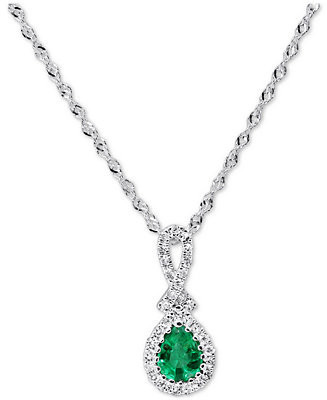 Emerald (1/4 ct. t.w.) & Diamond (1/10 ct. t.w.) Teardrop 18" Pendant Necklace in 14k White Gold | Macys (US)