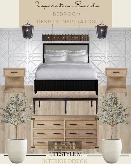 Modern and traditional bed room design inspiration. Recreate the look at home with these furniture and decor. Bed, upholstered bench, wood dresser, wood night stand, bed room chandelier, black wall sconce light, white tree planter pot, faux fake tree, wood floor tile.

#LTKstyletip #LTKFind #LTKhome