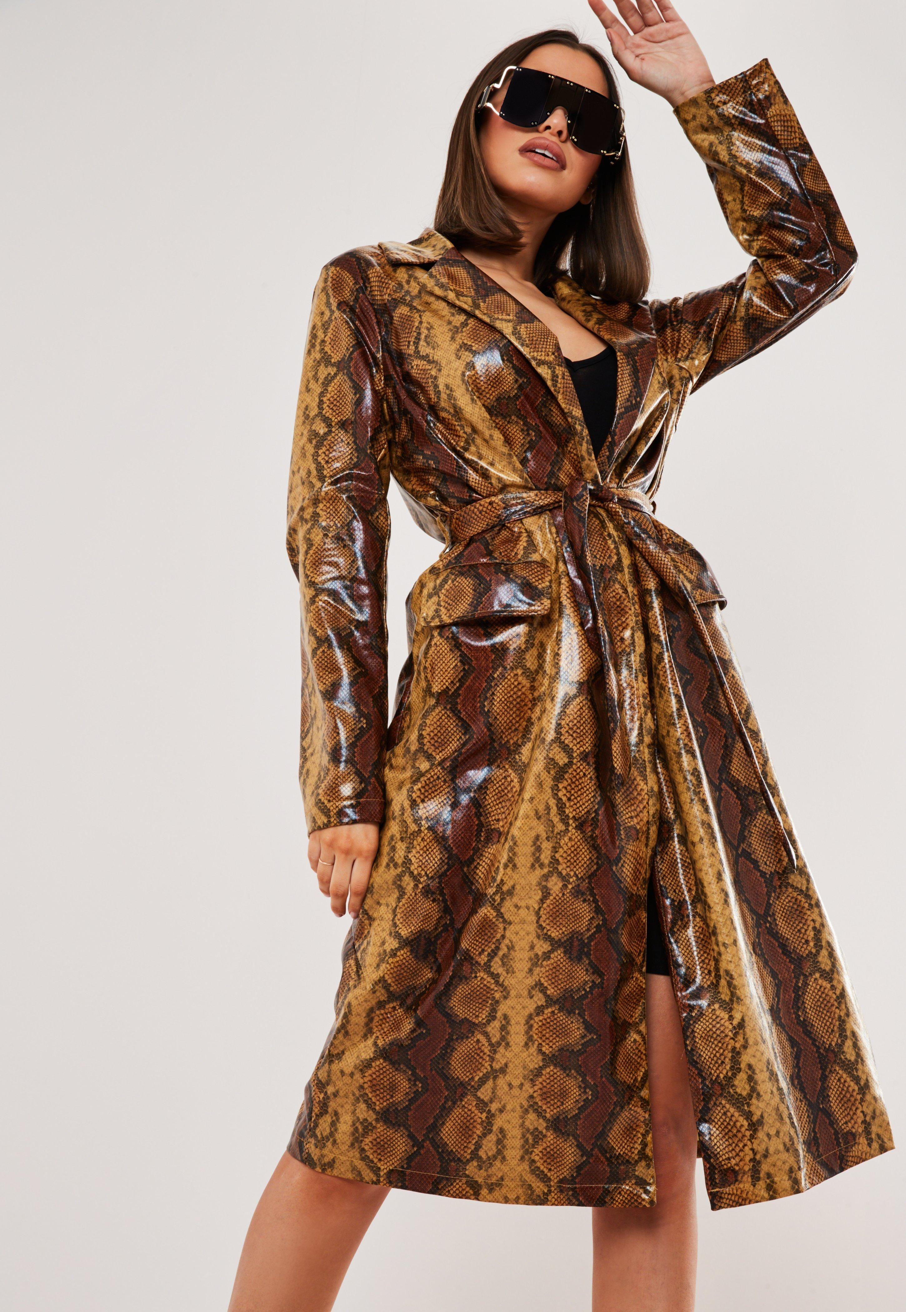 Tan Faux Leather Snake Print Trench Coat | Missguided (US & CA)