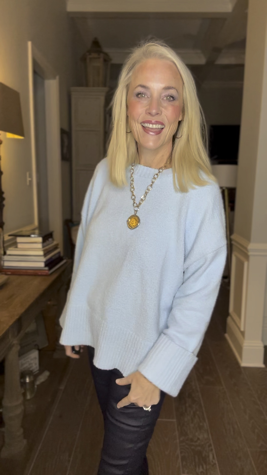 I love how inexpensive yet well made and versatile both of these pieces are. The last time I wore this sweater I wore it tucked into a pleated miniskirt with a belt for a cute date night look. Today it’s untucked and super casual. The material feels like I’m wearing a Barefoot Dreams blanket! Y’all know these faux leather skinny pants from Shein are on repeat for me. I have them in 4 or 5 colors because at under $20, it just makes sense. I’m in a medium in both. 

I’ve accessorized today’s outfit with a Jennifer Ponson necklace and bracelet, my favorite gold hoops and gold bracelets from Amazon, my personalized bracelets from Etsy and my white Vintage Havanas.  

#LTKGiftGuide #LTKover40 #LTKsalealert