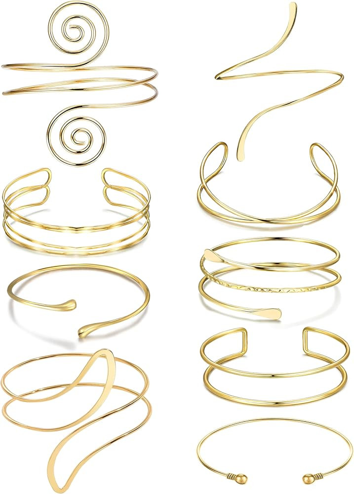 GIFIKOI 9Pcs Arm Cuff Bracelets for Women Boho Minimalist Simple Swirl Upper Arm Bands Armband Armlet Bangle Bracelet Open Golden Arm Cuffs Set | Amazon (US)