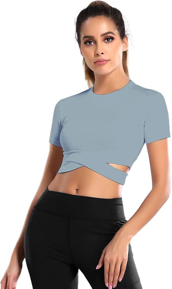 DREAM SLIM Short Sleeve Crop Tops for Women Tummy Cross Fitted Yoga Running Shirts Gym Workout Cr... | Amazon (US)