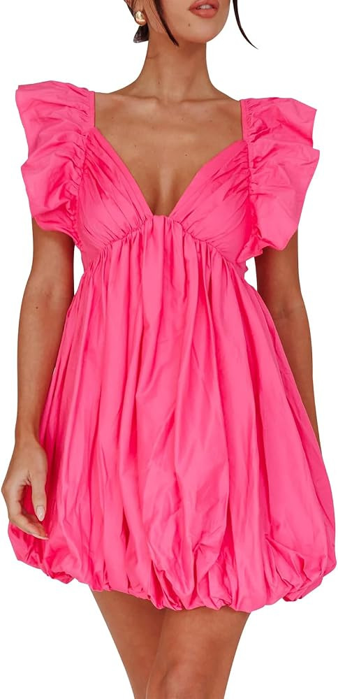 hibshaby Summer Mini Dress Deep V-Neck Babydoll Dress Bubble Dress Backless Lace Up Sexy Short Dr... | Amazon (US)