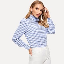Frilled Neck Puff Sleeve Gingham Top | SHEIN