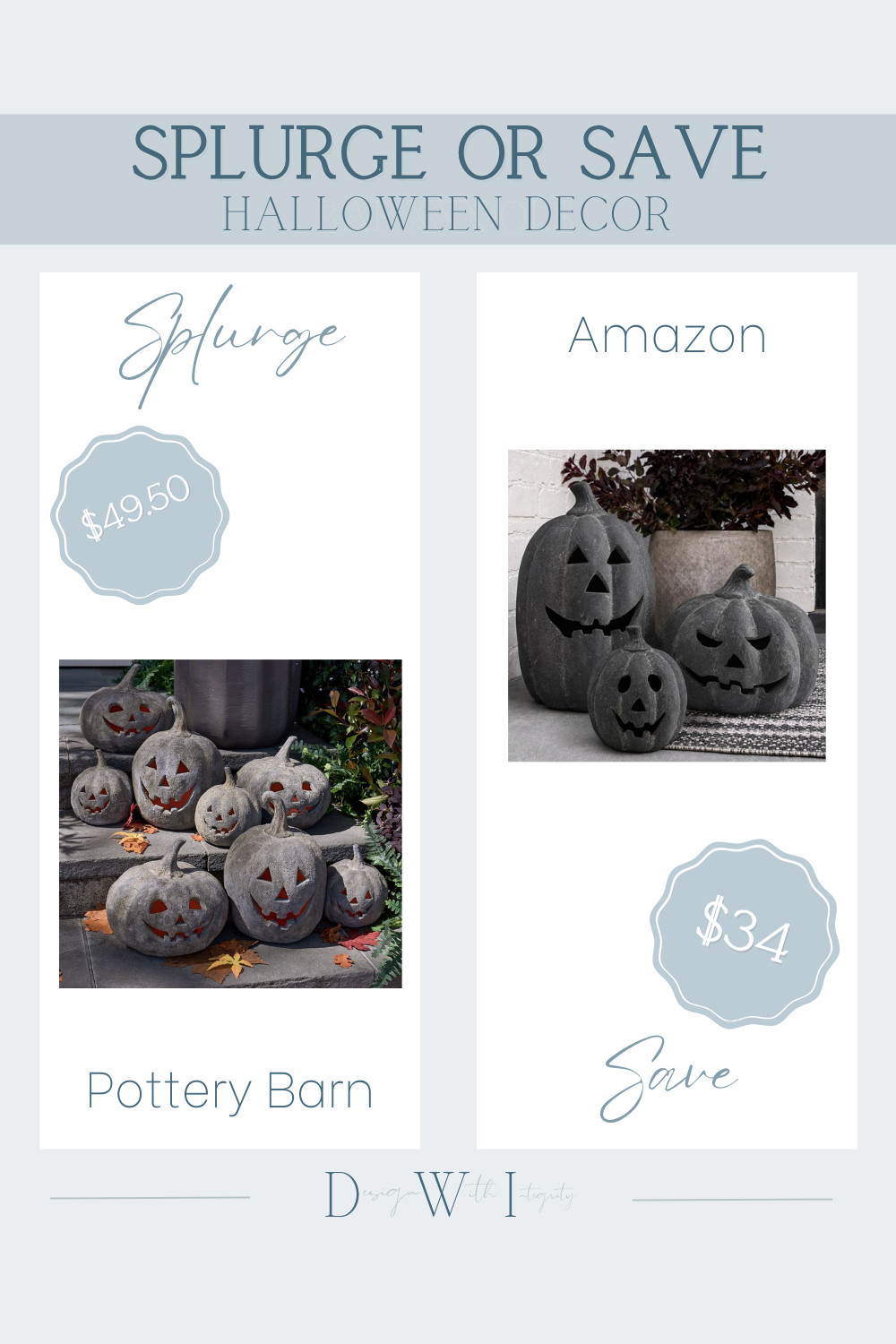 Splurge vs. Save: Halloween Pumpkin Decor Edition.

These weathered jack-o'-lanterns are the perfect mix of spooky and sophisticated. The Pottery Barn collection is a seasonal favorite thanks to its aged stone finish and timeless carved details, while the Amazon alternative captures the same vintage-inspired charm for less.

Whether you're styling your front porch, entryway, or fireplace mantel, both options create a festive look that feels elevated instead of over-the-top.

Tap the link to compare both collections and find your favorite Halloween look for less.

#splurgevssave #lookforless #halloweendecor #fallhomedecor #potterybarnstyle #amazonhomefinds 
 

 #LTKSeasonal #LTKHome