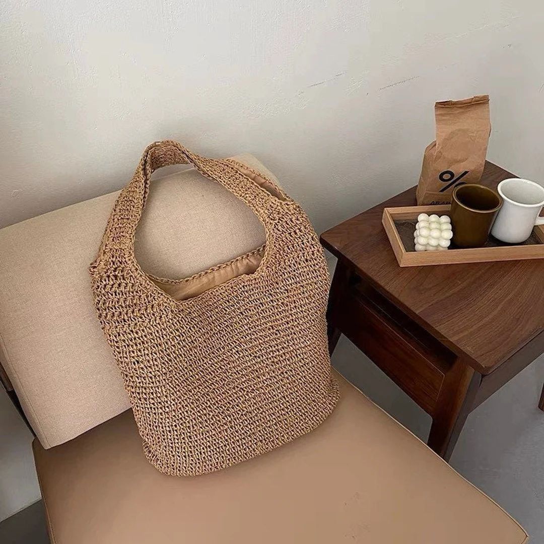 Handwoven Beach Bag | Straw Shoulder Bag with Zipper | BROWN | Etsy (US)