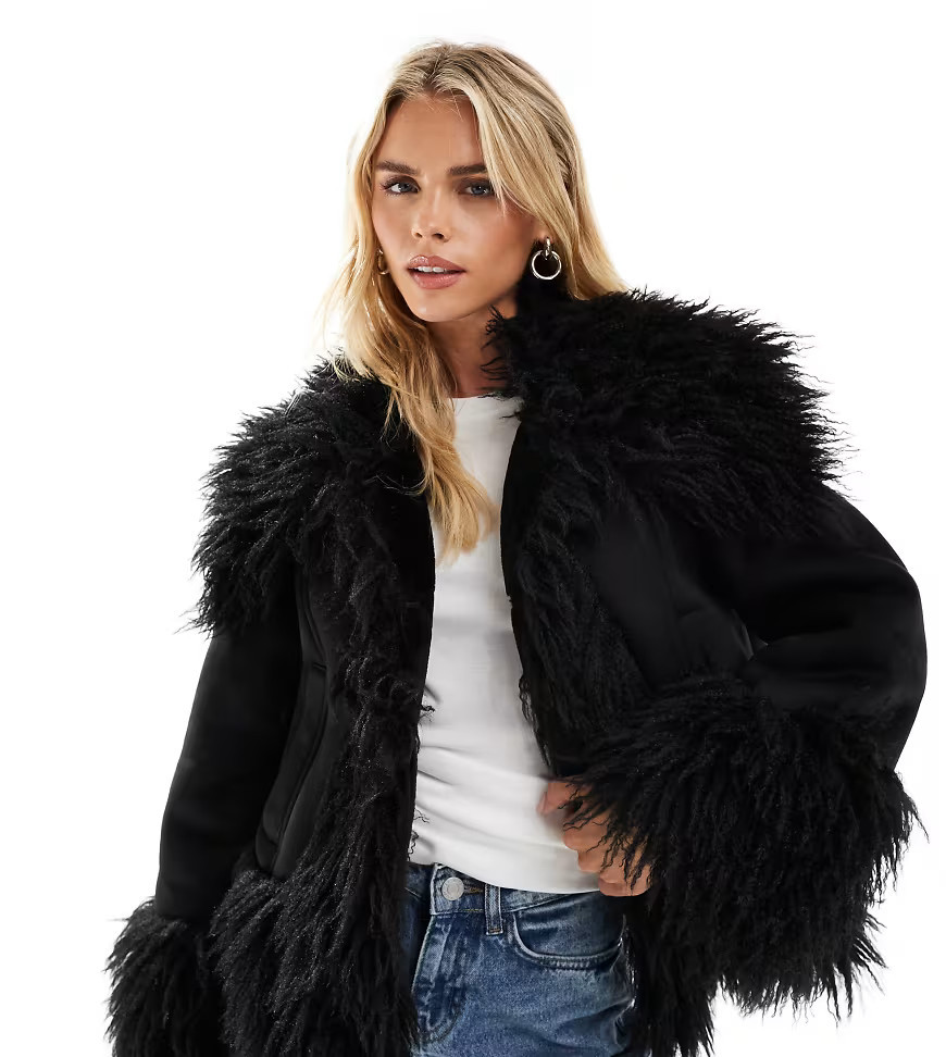 ASOS DESIGN Petite penny lane faux fur trim coat in black | ASOS (Global)