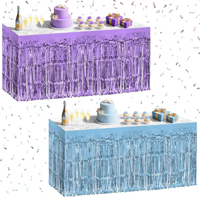 2 Pack Light Blue Light Purple Table Skirts, 29x108" Metallic Foil Tinsel Fringe Table Skirt for ... | Amazon (US)
