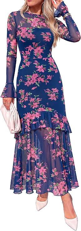 BTFBM Elegant Wedding Guest Dress Long Sleeve Maxi Dresses for Women | Bell Sleeves,Crew Neck,Flo... | Amazon (US)