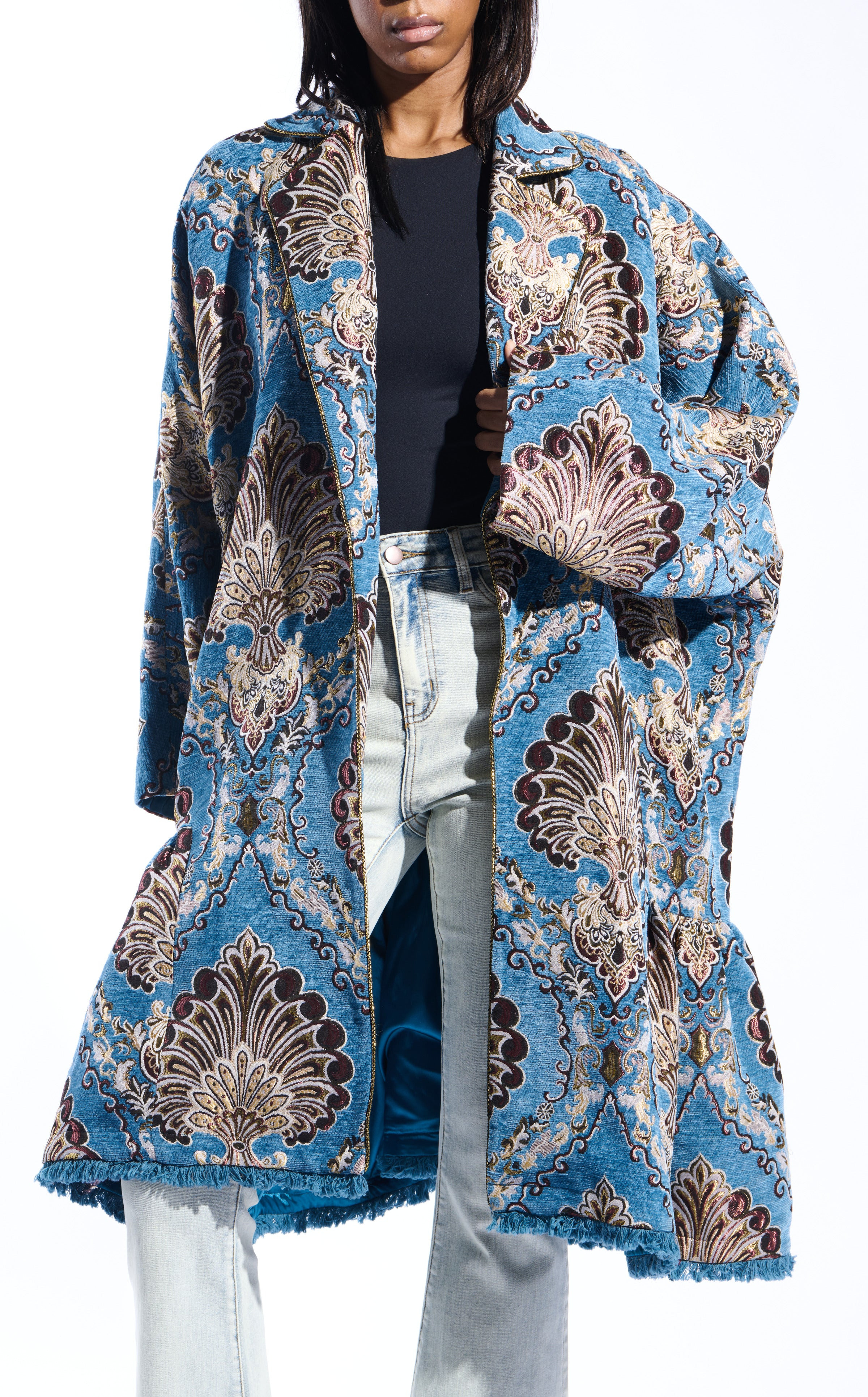 PAVLOVA-BLUEMULTI JACQUARD COCOON STATEMENT COAT | Azalea Wang