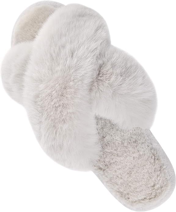 Women's Cross Band Slippers Soft Plush Furry Cozy Open Toe House Shoes Indoor Outdoor Faux Rabbit... | Amazon (US)