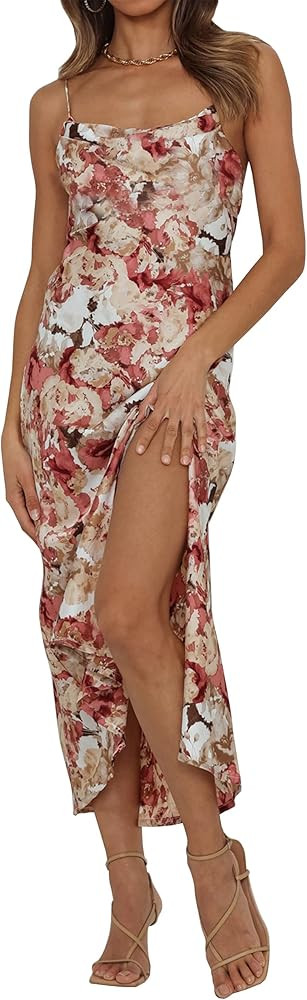 Cantonwalker Women's Satin Spaghetti Straps Cowl Neck Sexy V-Back Cross Slip Cocktail Formal Midi... | Amazon (US)