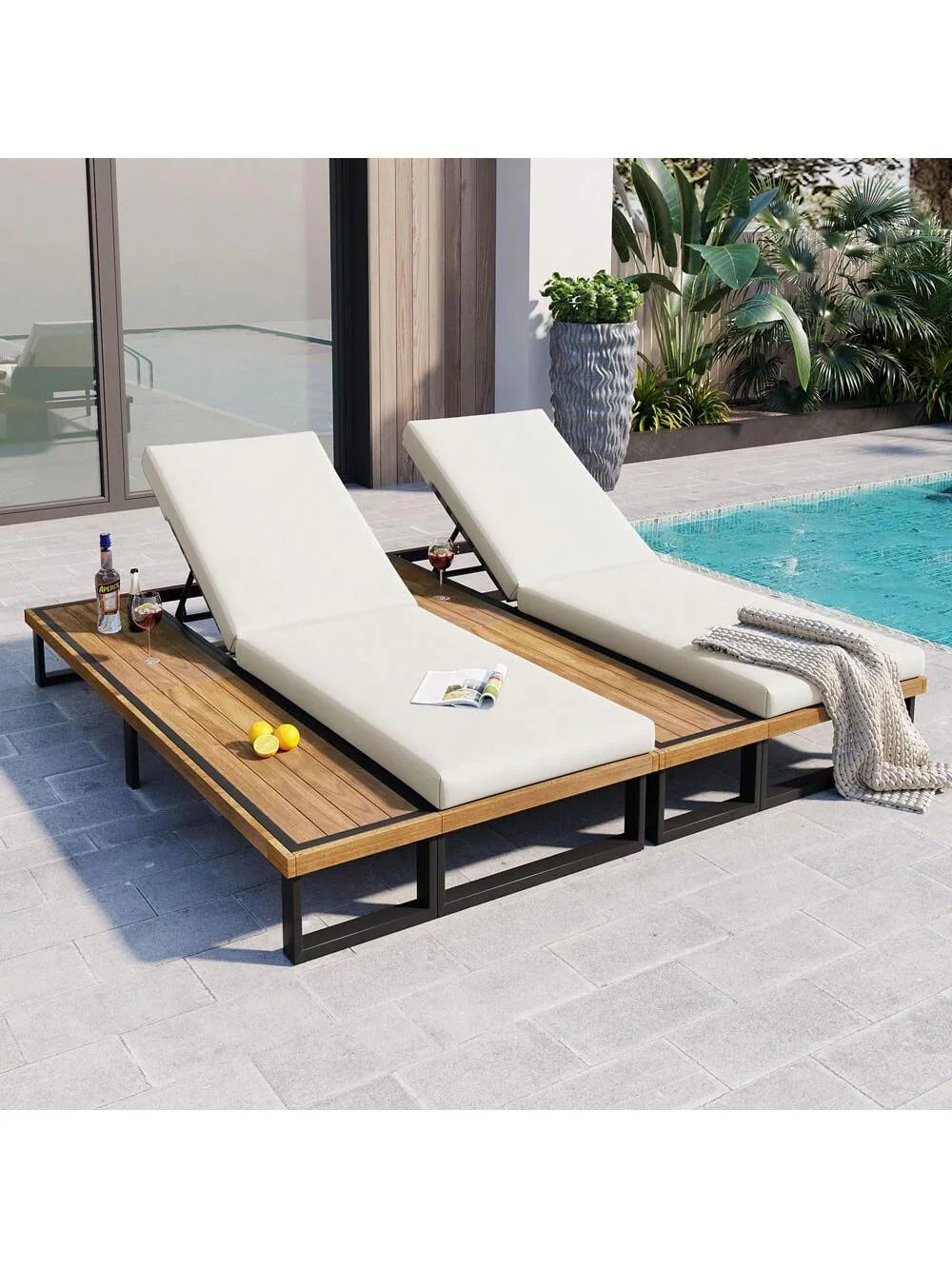 ModernLuxe Outdoor Chaise Lounge Chair Set of 2 Set of 2 Beige Iron Frame Stationary Chaise Lounge Chair with Off-white Cushioned Seat | Lowe's