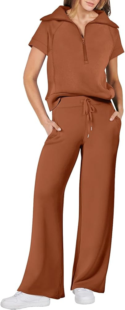 ANRABESS Women 2 Piece Outfits Sweatsuit Summer Half Zip Sweatshirt Wide Leg Pant Sweat Lounge Se... | Amazon (US)
