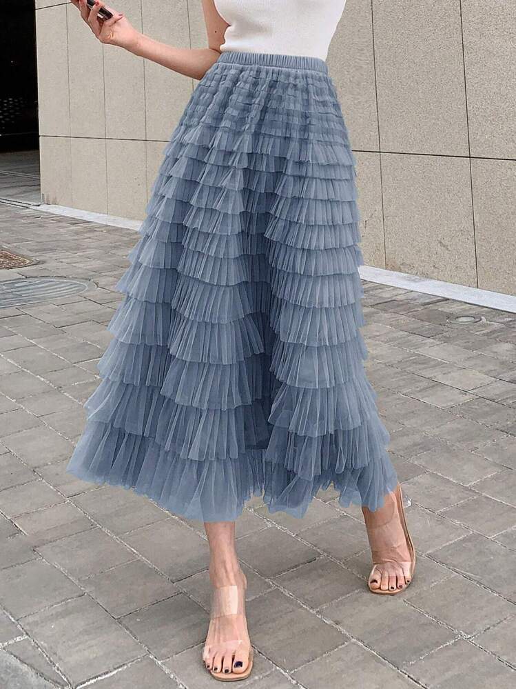 DAZY Solid Layer Mesh Overlay Skirt,Ruffle | SHEIN