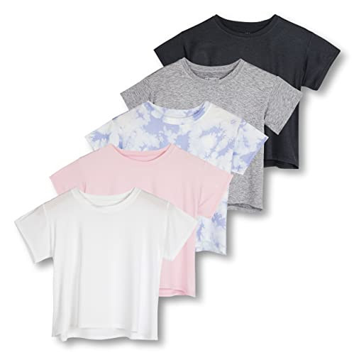 Real Essentials 5 Pack: Womens Crop Top High Waist Quick Dry Fit Active Wear Yoga Workout Athletic Running Gym Exercise Ladies Short Sleeve Crew Neck Moisture Wicking Tees T-Shirt Summer - Set 6, XXL | Amazon (US)