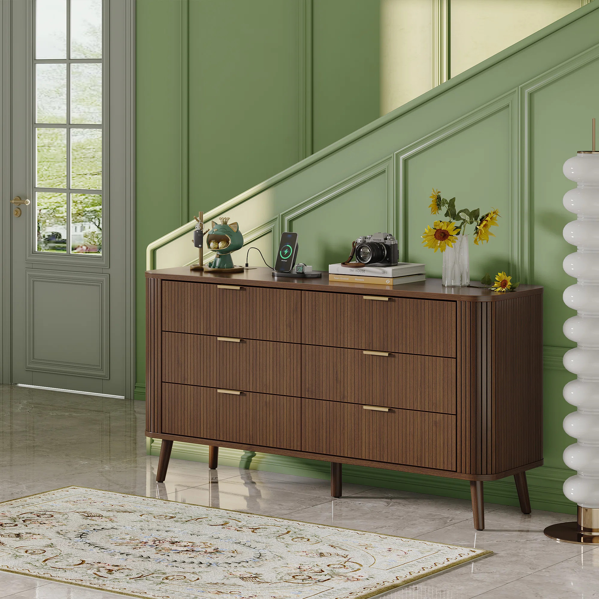 6 Drawer Dresser for Bedroom, Mid Century Modern Dressers, 57" Wide Wood Dresser TV Stand, Curved... | Wayfair North America