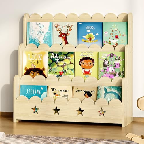 EXPERLAM Scalloped Bookshelf for Kids, 3-Tier Front Facing Book Display Shelf, Solid Wood Montessori Bookcase Organizer for Bedroom, Nursery, Playroom & Classroom | Amazon (US)