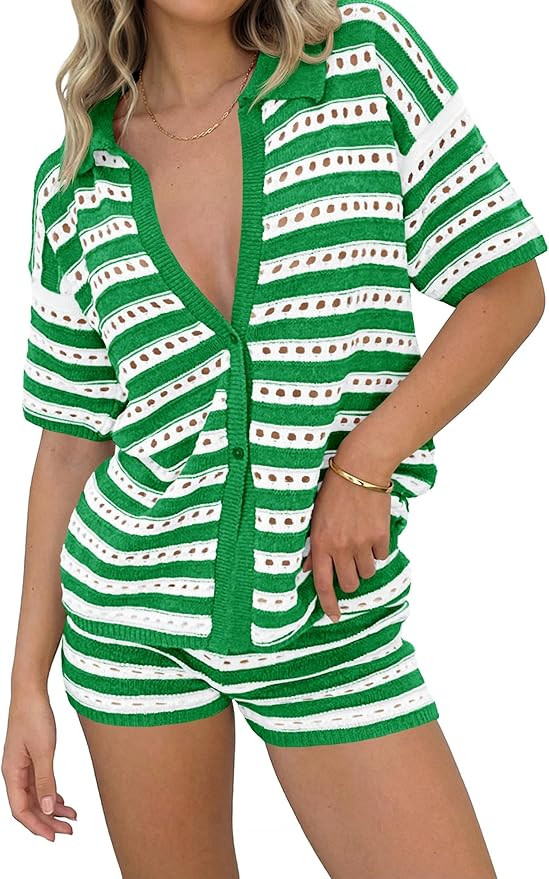 Saodimallsu Womens Crochet Swimsuit Coverup Summer 2 Piece Outfits Striped Knit Short Sleeve Butt... | Amazon (US)