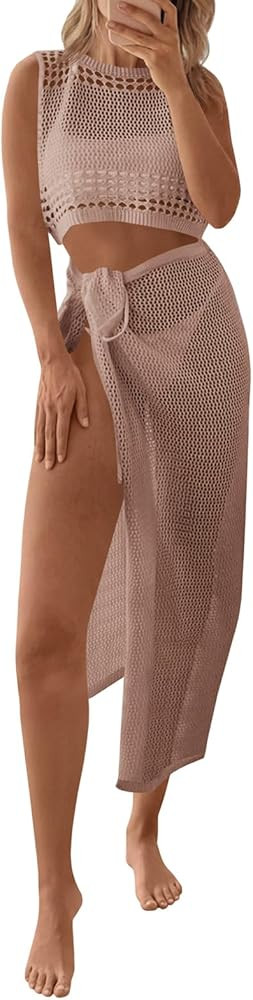 Fisoew Womens Crochet Swim Cover Ups 2 Piece Sleeveless Crop Tops Beach Wrap Skirt Hollow Out Boh... | Amazon (US)