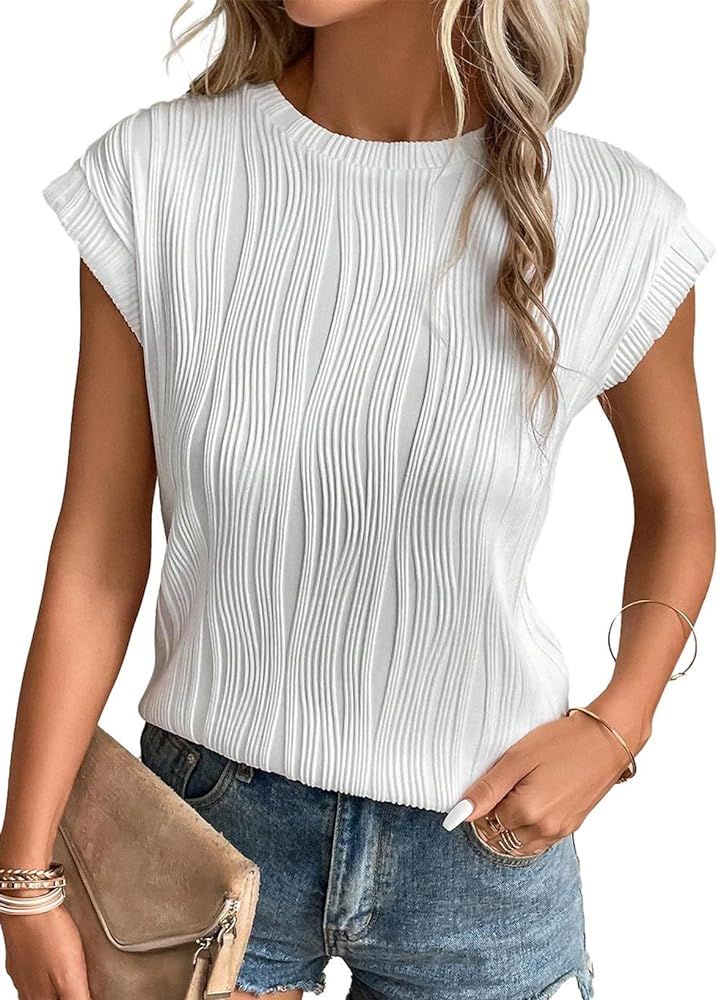 Womens Textured Short Sleeve Trendy Tops Summer Crewneck Basic Casual Solid T Shirts Tee Blouses | Amazon (US)