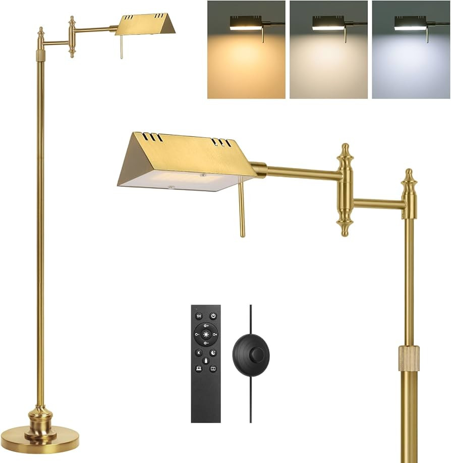 Dimmable Pharmacy Floor Lamp with Remote, 17W Gold LED Reading Floor Lamp with 360°Swing Arm, 3 ... | Amazon (US)