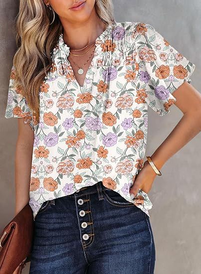 SHEWIN Women's Casual V Neck Floral Print Smocked Short Sleeve Chiffon Blouses Bohemian Top Shirt... | Amazon (US)