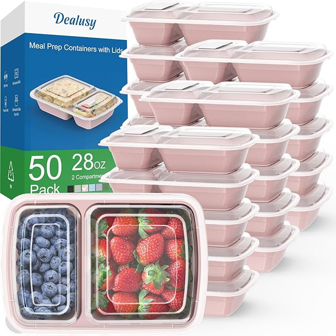 50 Pack (100-Piece) 28 oz Meal Prep Containers Reusable with Lids 2-Compartment, Sturdy Leakproof... | Amazon (US)