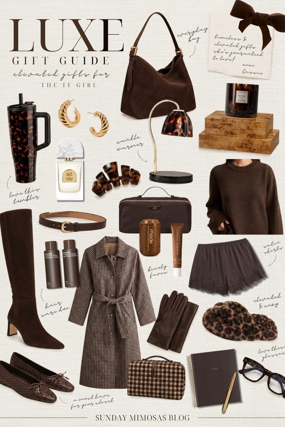 LUXE GIFT GUIDE / Affordable luxury gifts for the woman looking for timeless & classic pieces to add to her closet and home 🎁✨

Including chocolate brown satin, shorts, a tortoise shell candle warmer, chocolate brown knee high boots, brown leather gloves, @Teleties tortoise shell claw clips, @abercrombie plaid trench coat options, @Quince cashmere sweaters, tortoise shell candles, tumblers and slippers, and so much more!

Linking more Christmas gift ideas for women and gifts for her below! 

All of our 2026 Christmas Gift Guides (with more details on the products) are on sundaymimosasblog.com 💕

Christmas gift ideas for her, gift guide for her, chocolate brown outfits, luxe style on a budget, brown suede handbag, luxury home, summer fridays lip balm, home gift ideas, elevated gift ideas, christmas gifts for mom, it girl gifts

#LTKSeasonal #LTKselfcare #LTKSaleAlert