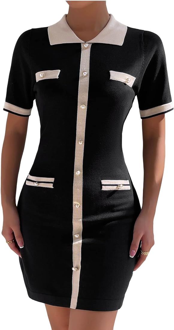 WDIRARA Women's Color Block Short Sleeve Button Front Collared Bodycon Mini Sweater Dress | Amazon (US)