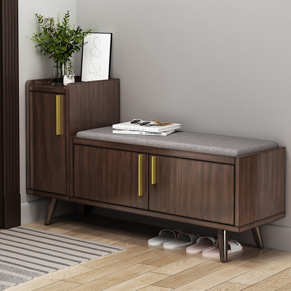 Shoe Storage Entryway Bench Wooden with 3 Doors & 5 Shelves Shoe Rack in Black Walnut (47" Wide) | Homary