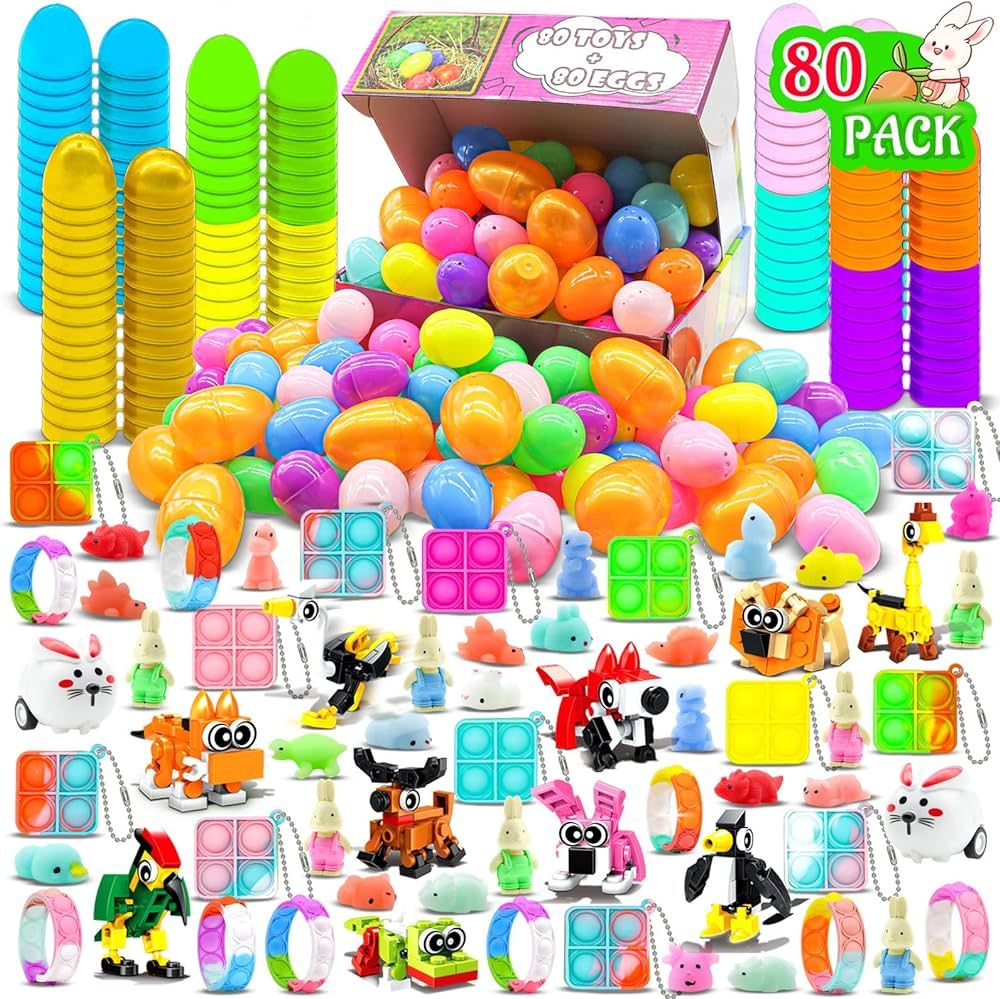 80 Pack Easter Eggs with Toys Inside, Mini Pop Keychain Building Blocks for Easter Eggs Hunt, Eas... | Amazon (US)