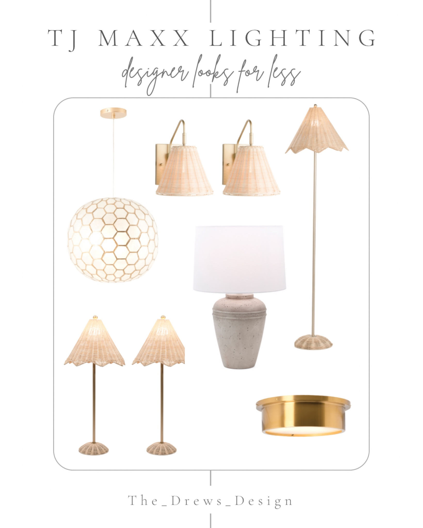 Designer dupe lighting from TJ Maxx. Rattan lamp, smart tan sconce, brass flush mount, table lamp, capiz dupe pendant 

#LTKsalealert #LTKhome #LTKstyletip