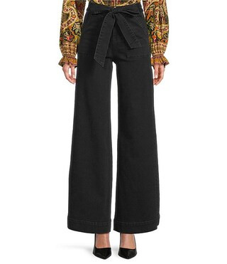 Denim High Rise Tie Belt Waist Wide Straight Leg Jeans | Dillard's