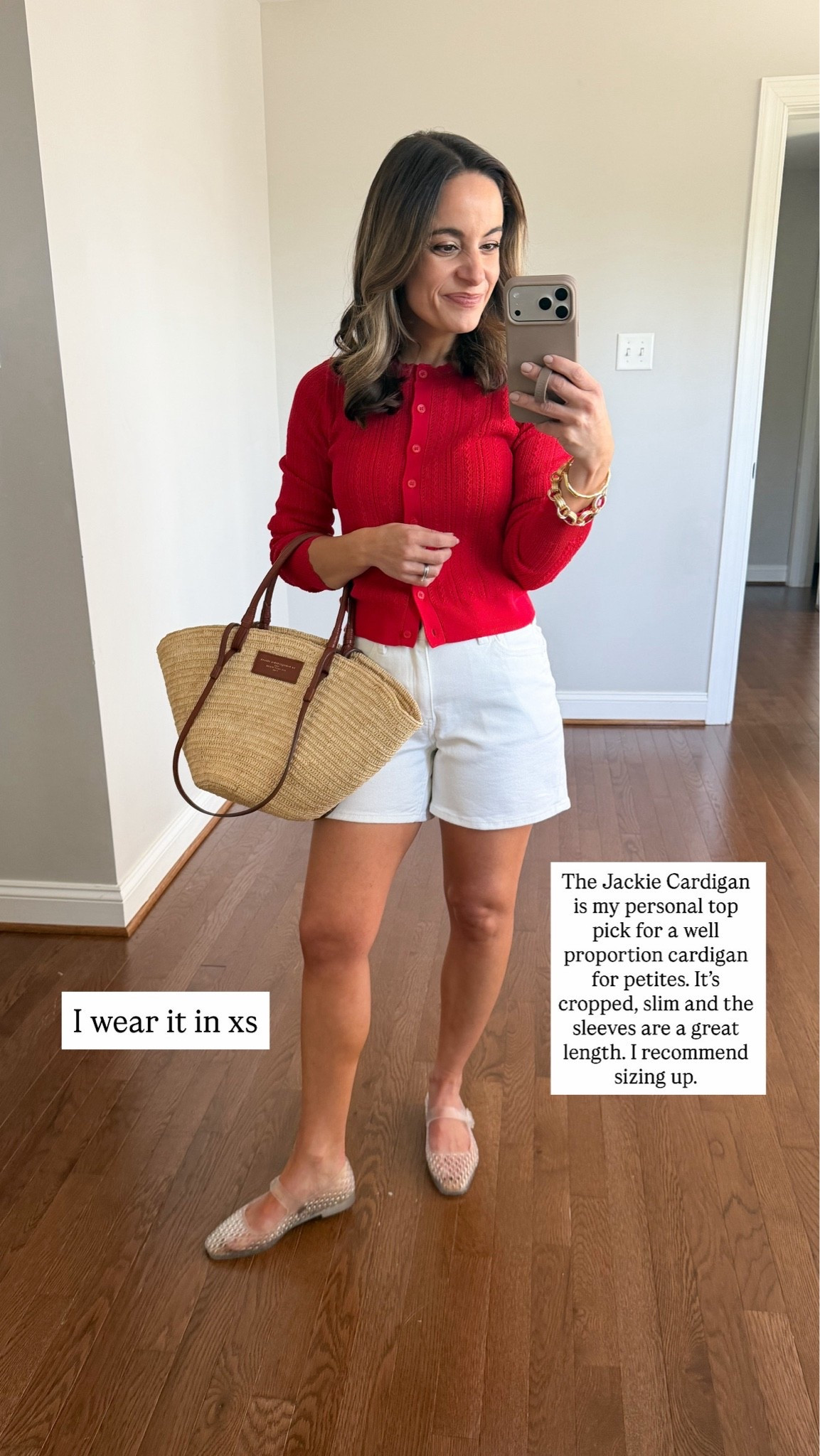 40% off finds worth trying while they’re on sale at J.Crew! 

Jackie Cardigan: xs (shown in red, yellow, brown short sleeve)
Cotton Lace Top: xxs 
Audrey Sandals: true to size 
Skort: xxs/00 - not on sale 

Other pieces not J.Crew 
White shorts (Quince): 24 
Jelly shoes (Sam Edelman): true to size 
White skirt (Abercrombie): petite xxs 
Wide leg jeans (Quince): 24 short 
Pink cardigan (Target): xxs 
Gold Sandals (Sam Edelman): true to size