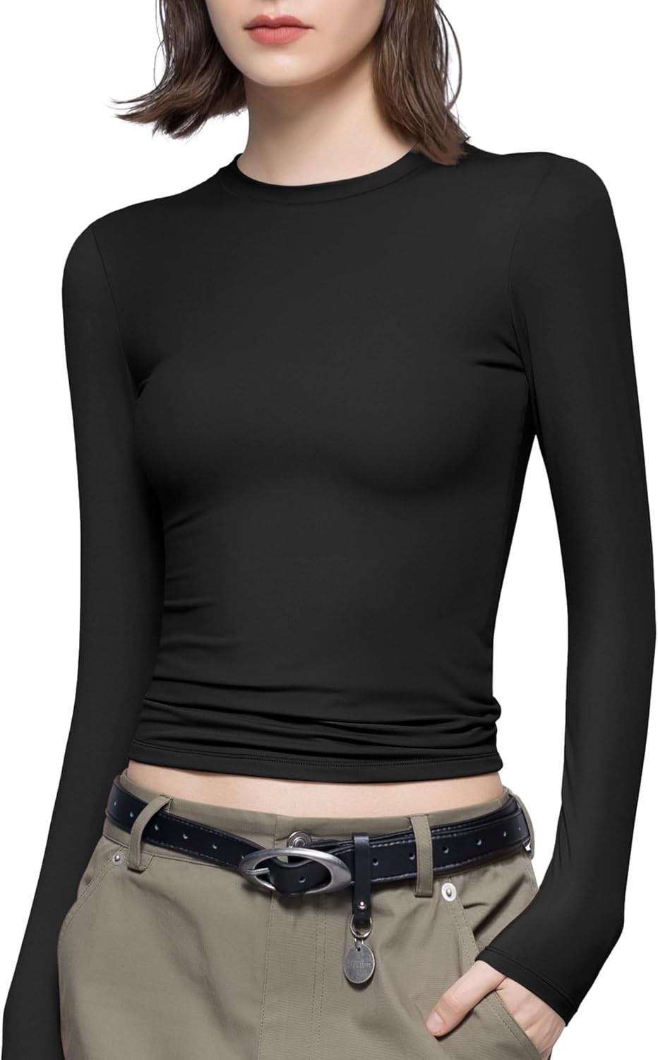 PUMIEY Women's Long Sleeve T Shirts Crew Neck Slim Fit Tops Sexy Basic Tee Smoke Cloud Pro Collection | Amazon (US)