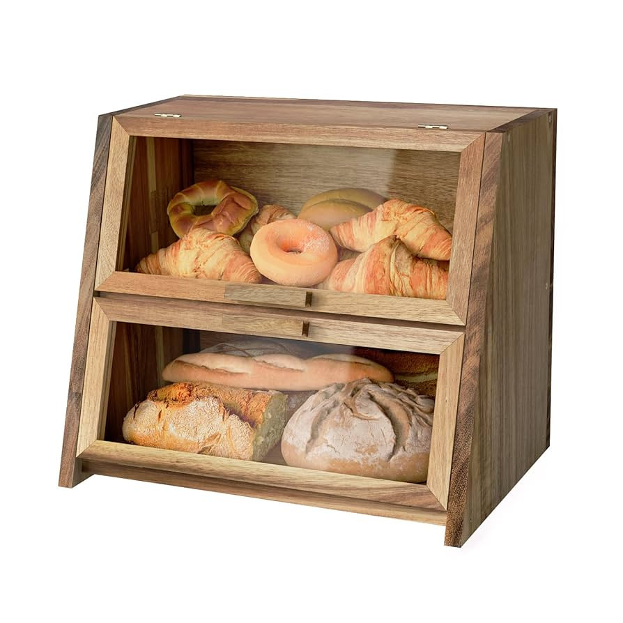 Acacia Wood Bread Box for Kitchen Countertop, Double Layer Natural Wooden Bread Storage Container... | Amazon (US)