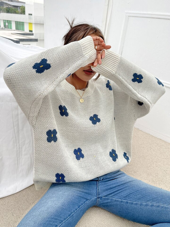 SHEIN Qutie Floral Pattern Drop Shoulder Sweater | SHEIN