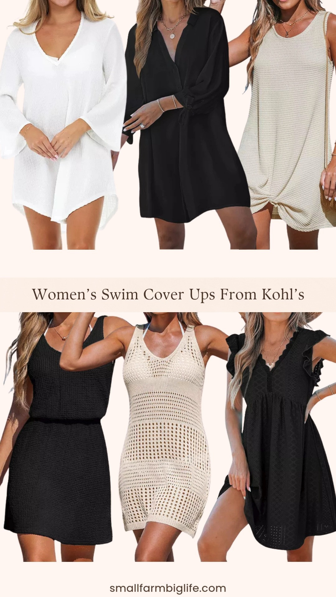 Swim cover ups from Kohl's because there are so many good ones right now 🌊✨ A black Cupshe button-up swim cover-up dress, a black Cupshe striped plunging dolman flutter sleeve midi cover-up dress, a beige Cupshe waffle knit hem twist cover-up, a beige crochet Cupshe knit sleeveless cutout mini swim cover-up dress, a white Jordan Taylor v-neck bell sleeve swim cover-up tunic, and a black Cupshe v-neck cover-up mini dress. So many beautiful styles in this round up from classic black to neutral beige and crisp white and every single one is from Kohl's at such an amazing price point. A good swim cover up is one of the best summer wardrobe investments you can make and these are the ones worth grabbing right now before they sell out. Everything is linked! 🛒 

 #LTKOver40 #LTKSwim #LTKTravel