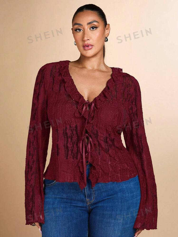 SHEIN BAE Plus Size Sweet And Romantic Date Sheer Lace Tie Front Women Shirt  Fall Women Clothes | SHEIN