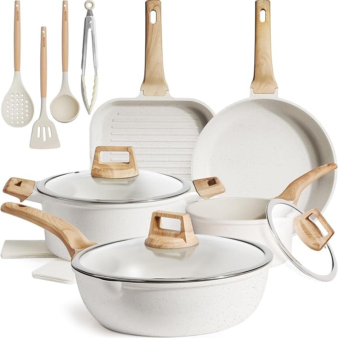 Kikcoin 16Pcs Ceramic Pots and Pans Set Non Stick, Includes a 9.5" Grill Pan, Induction Kitchen C... | Amazon (US)