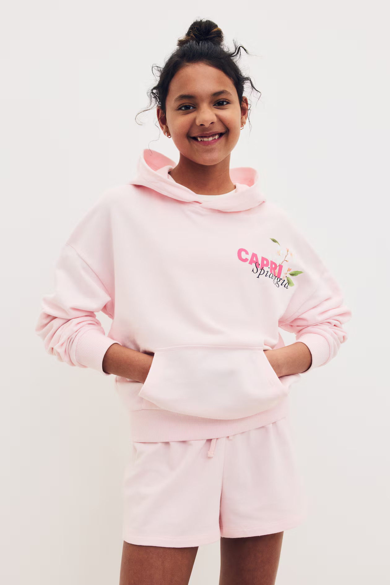 2-piece Brushed-Inside Hoodie and Shorts Set - Light pink/Capri Spiaggia - Kids | H&M US | H&M (US + CA)