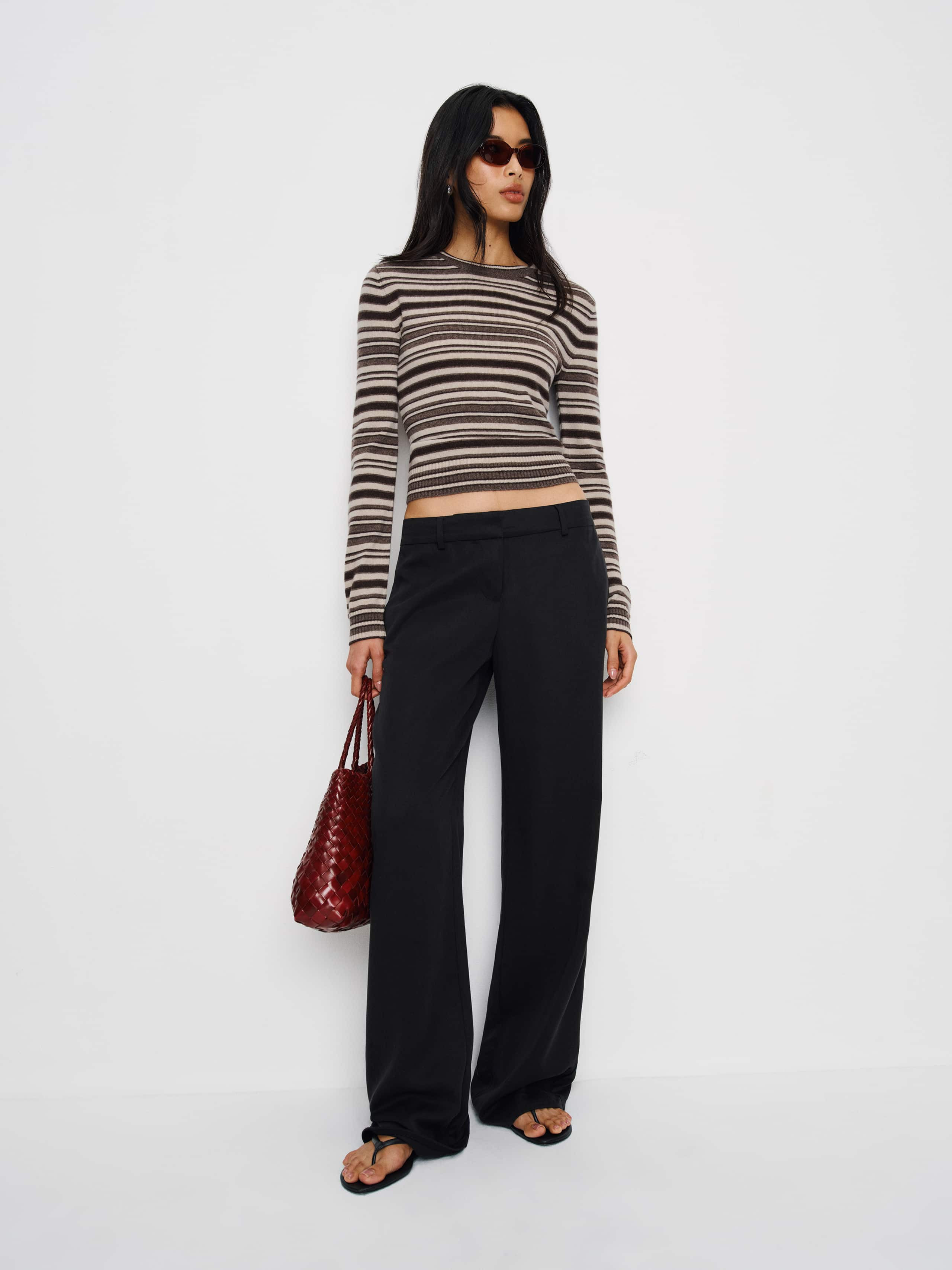 Reformation Lian Cashmere Crew Sweater Brown Multi Stripe Medium | Reformation (Global)