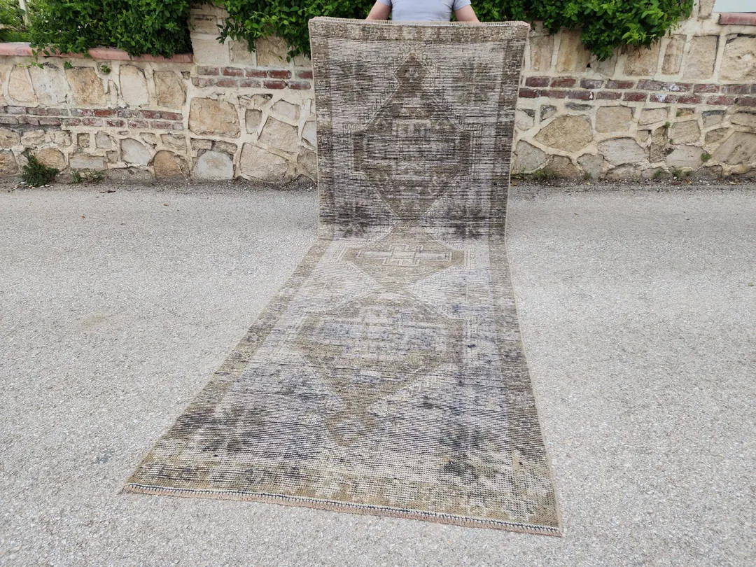 Vintage Green Rug 4x10, Soft Hand Knotted Turkish Runner Rug, Bohemian Rustic Decor Rug, Turkish ... | Etsy (US)