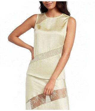 Sabrin Crew Neckline Sleeveless Asymmetrical Lace Design Coordinating Satin Top | Dillard's